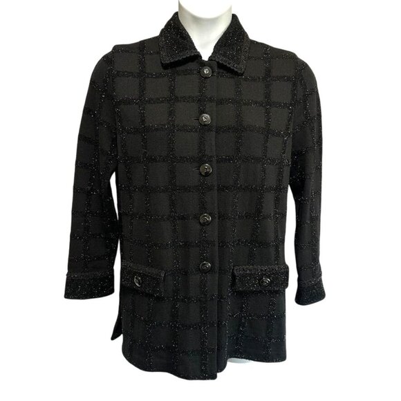 St John Marie Gray Santana Knit Black Metallic Grid Wool Tweed Cardigan Size 8 - Picture 1 of 11